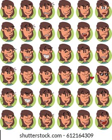 Set of brown young girl emojis; Cheerful, sad, angry, content ... and many more expressions.
