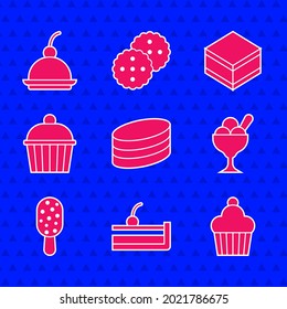 Set Brownie chocolate cake, Cherry cheesecake, Cake, Ice cream in bowl,  and  icon. Vector