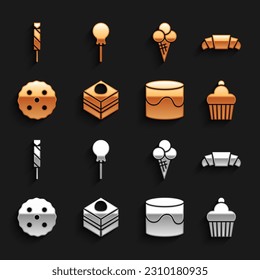 Set Brownie chocolate cake, Croissant, Cake, Cookie or biscuit, Ice cream in waffle cone, Candy and Lollipop icon. Vector