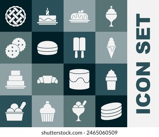 Set Brownie chocolate cake, Ice cream in waffle cone, Cake, Macaron cookie, Cookie or biscuit, Homemade pie and  icon. Vector