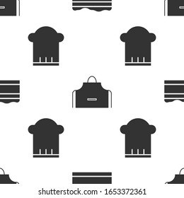 Set Brownie chocolate cake , Kitchen apron  and Chef hat  on seamless pattern. Vector