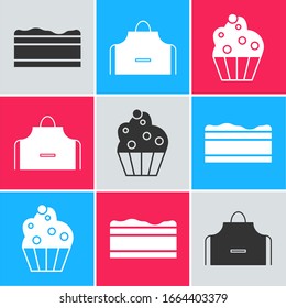 Set Brownie chocolate cake , Kitchen apron  and Cupcake  icon. Vector
