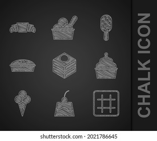 Set Brownie chocolate cake, Pudding custard, Waffle, Cake, Ice cream waffle cone, Homemade pie,  and Croissant icon. Vector
