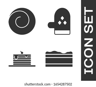 Set Brownie chocolate cake , Roll bun with cinnamon , Stack of pancakes  and Oven glove  icon. Vector