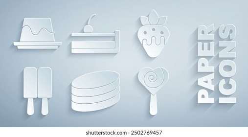 Set Brownie chocolate cake, Strawberry in, Ice cream, Lollipop, Cherry cheesecake and Pudding custard icon. Vector