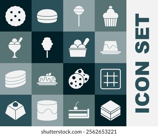 Set Brownie chocolate cake, Waffle, Pudding custard, Lollipop, Cotton candy, Ice cream bowl, Cookie or biscuit and  icon. Vector