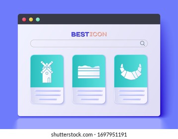 Set Brownie chocolate cake , Windmill  and Croissant  icon. Vector