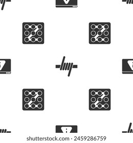 Set Browser with exclamation mark, Barbed wire and Graphic password protection on seamless pattern. Vector