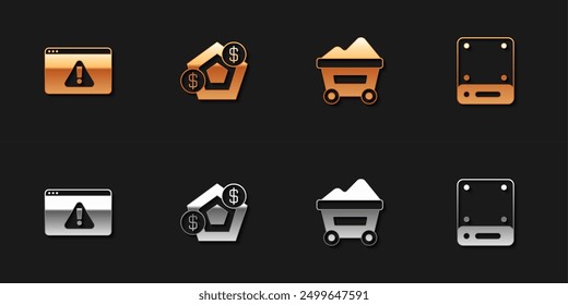 Set Browser with exclamation mark, Financial growth, Coal mine trolley and Server icon. Vector