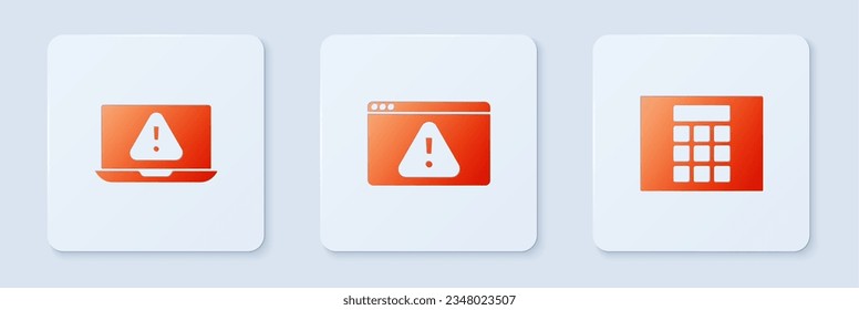 Set Browser with exclamation mark, Laptop and Password protection. White square button. Vector