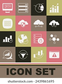 Set Browser with exclamation mark, Mind map infographic, Cloud download and upload, Pie chart, shield, Binary code, Data analysis and Network cloud connection icon. Vector