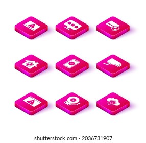 Set Browser with exclamation mark, Ringing alarm bell, House under protection, Smartphone, Cloud and shield, Security camera, Credit card and Password icon. Vector