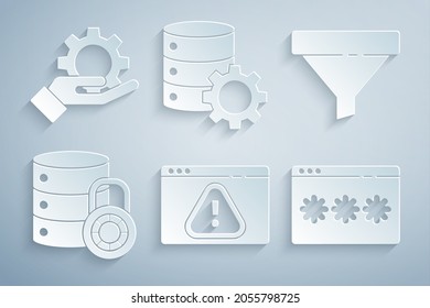 Set Browser with exclamation mark, Sales funnel, Server security lock, Password protection, and gear and Hand settings icon. Vector