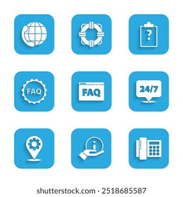 Set Browser FAQ, Information, Telephone, Clock 24 hours, Location with gear, Label text, Clipboard question marks and support icon. Vector