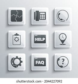 Configurar preguntas frecuentes del navegador, servicio de asistencia telefónica las 24 horas, Ubicación con reloj, ayuda, servicio de lista de verificación, Pieza de rompecabezas e icono. Vector