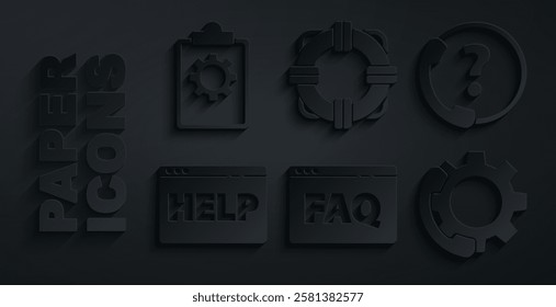 Set Browser FAQ, Telephone 24 hours support, help, Lifebuoy and Checklist with service icon. Vector