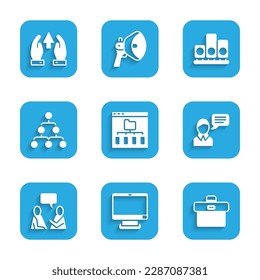 Set Browser files, Computer monitor, Briefcase, Speech bubble chat, Two sitting men talking, Hierarchy organogram chart, Ranking star and Growth and progress icon. Vector
