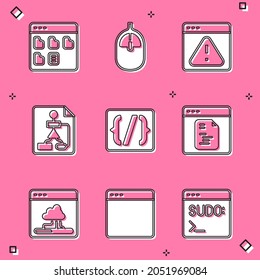 Set Browser files, Computer mouse, with exclamation mark, Flowchart, Programming language syntax, Software, Cloud technology data transfer and window icon. Vector