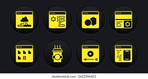 Set Browser files, Debugging, Coffee cup to go, Online play video, Software, setting,  and Cloud technology data transfer icon. Vector