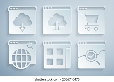 Set Browser files, Online shopping on screen, Search engine, Website with stocks market, Cloud upload and download icon. Vector