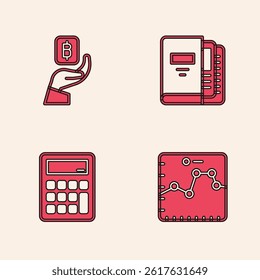 Set Browser with growth graph, Hand holding Bitcoin, Office folders and Calculator icon. Vector