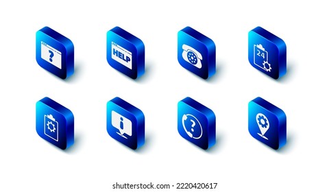 Establecer la ayuda del navegador, el teléfono, la lista de verificación con el servicio las 24 horas, el equipo de localización, el soporte, la información y el icono del signo de interrogación. Vector