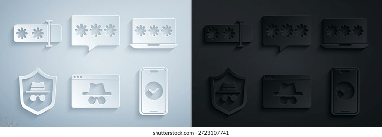 Set Browser incognito window, Laptop with password, Incognito mode, Smartphone, Password protection and  icon. Vector