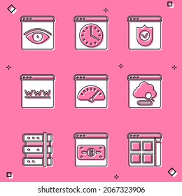 Set Browser incognito window, with shield, Digital speed meter, Cloud technology data transfer, Server and Online shopping on screen icon. Vector