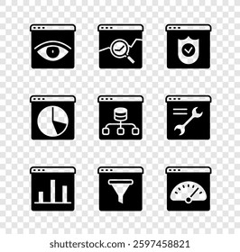 Set Browser incognito window, Website with stocks market, shield, Graph chart infographic, Digital speed meter,  and Server, Data icon. Vector