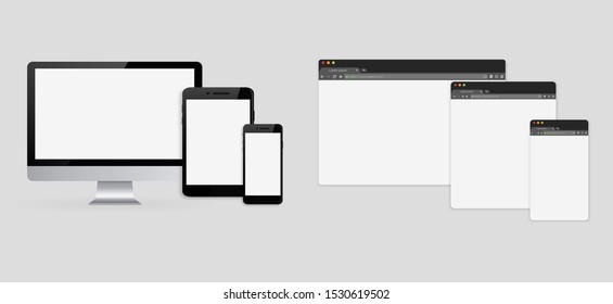 Set of browser interface on laptop, tablet and phone. Simple browser window, flat vector.