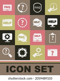 Set Browser with question mark, Clipboard marks, Speech bubble text Help, Shield FAQ, Question, help, Laptop and and  icon. Vector