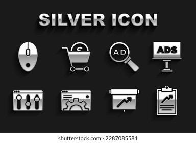 Set Browser setting, Advertising, Clipboard with graph chart, Board, Computer mouse and Shopping cart and dollar icon. Vector