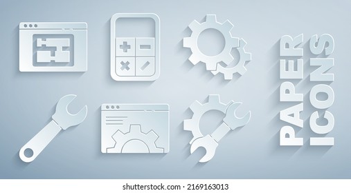 Setzen Sie Browser-Einstellungen, Getriebe, WFranzösisch-Spanner und Getriebe, Rechner und Haus-Plan-Symbol. Vektorgrafik
