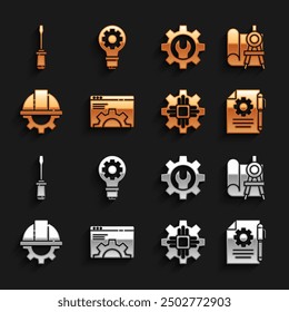 Set Browser setting, Graphing paper and compass, Document settings pen, Processor, Worker safety helmet gear, Wrench spanner, Screwdriver and Light bulb icon. Vector
