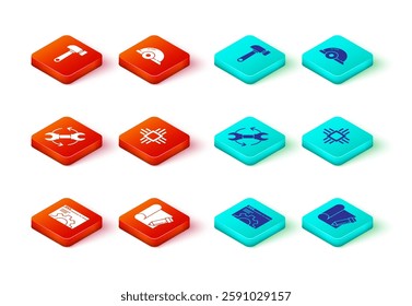 Set Browser setting, Graphing paper and pencil, Wrench arrows as workflow, Processor with microcircuits CPU, Worker safety helmet and Hammer icon. Vector