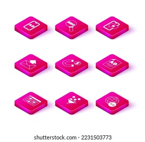 Set Browser setting, Lead management, Mail and e-mail, Magnet with money, Advertising, Mobile review rating and SEO optimization icon. Vector