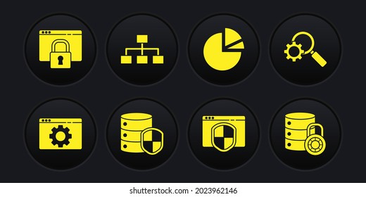 Set Browser Einstellung, Magnifying Glas und Getriebe, Server mit Schild, Pie Diagramm Infografik, Hierarchy Organogramm, Security Lock und Sichern Sie Ihre Website HTTPS, SSL-Symbol. Vektorgrafik