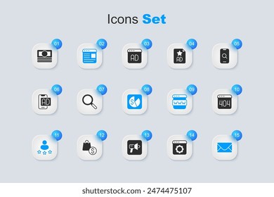 Set Browser setting, Magnifying glass, Advertising, Consumer product rating, Mail and e-mail, Page with 404 error, Stacks paper money cash and Market analysis icon. Vector