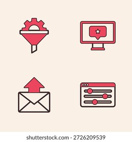 Ajuste del navegador, embudo de ventas con engranaje, estrella del monitor e icono de correo electrónico. Vector