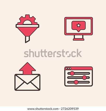 Set Browser setting, Sales funnel with gear, Monitor star and Mail and e-mail icon. Vector