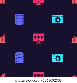 Set Browser setting, Server, Data, Web Hosting, Monitor with password and Pie chart infographic on seamless pattern. Vector