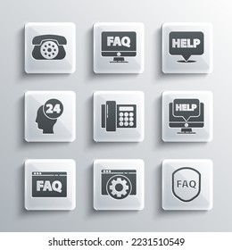 Set Browser setting, Shield with text FAQ, Computer monitor and help, Telephone, Support operator touch,  and Speech bubble Help icon. Vector