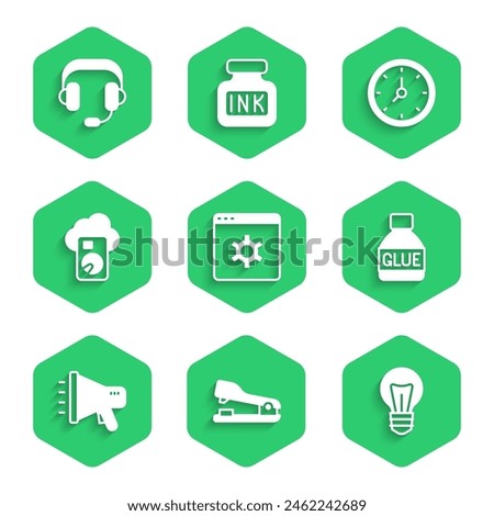 Set Browser setting, Stapler, Light bulb, Glue, Megaphone, Cloud database, Clock and Headphones icon. Vector