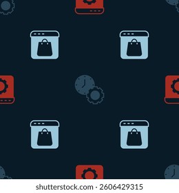Set Browser setting, Time management and Online shopping on screen on seamless pattern. Vector