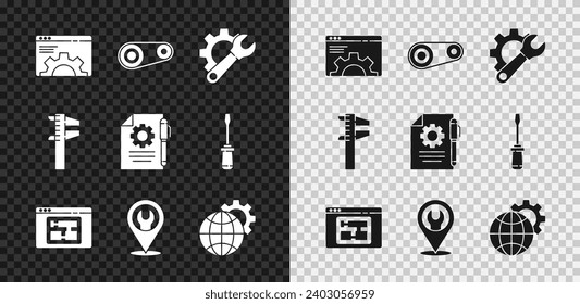 Set Browser setting, Timing belt kit, Wrench spanner and gear, House plan, Location with wrench, Globe of the Earth, Calliper or caliper scale and Document settings pen icon. Vector