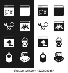 Set Browser with shield, Debugging, Software, window, Cloud technology data transfer, Coffee cup to go, Processor and Computer mouse icon. Vector