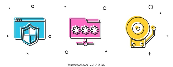 Set Browser with shield, Folder password and Ringing alarm bell icon. Vector