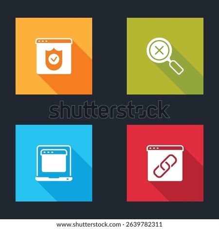 Set Browser with shield, Magnifying glass and delete, Laptop browser window and  icon. Vector