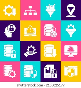 Set Browser with shield, Monitor exclamation mark, Sales funnel gear, chart, Laptop, Human head lock, Cost reduction and Server security icon. Vector