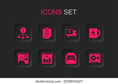 Set Browser with stocks market, Contract money, Hierarchy dollar, Envelope, Cup of tea, Safe, Armored truck and Video chat conference icon. Vector